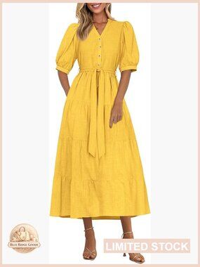 Yellow Ruffle Midi Dress V Neck A Line with Belt Short Sleeve Summer Flowy